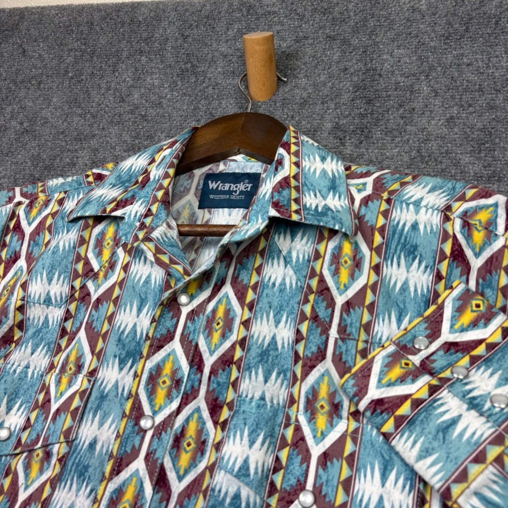 Wrangler Western Shirt Mens Medium Blue Aztec Geometric Pearl Snap Cotton 0321